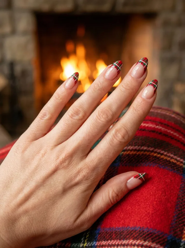 Red, green, and white plaid pattern hand-painted on French tip winter nails near a cozy fireplace