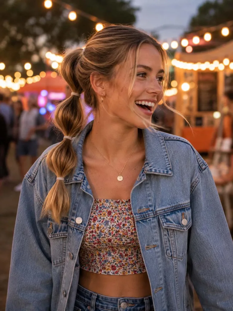 Woman with a bubble ponytail summer hairstyle at a summer festival