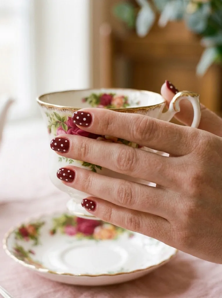 Hand with burgundy polka dot nails holding a vintage teacup
