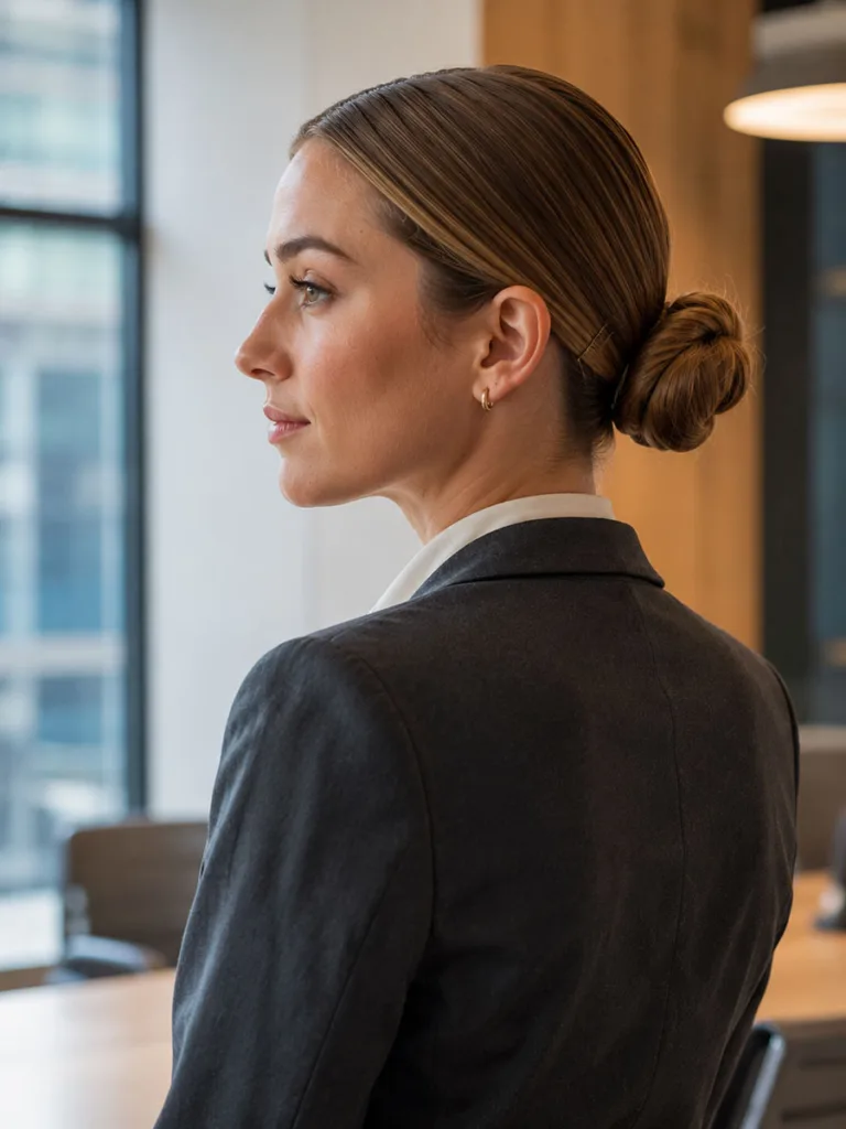 Woman with a sleek low bun hairstyle dressed for a professional setting