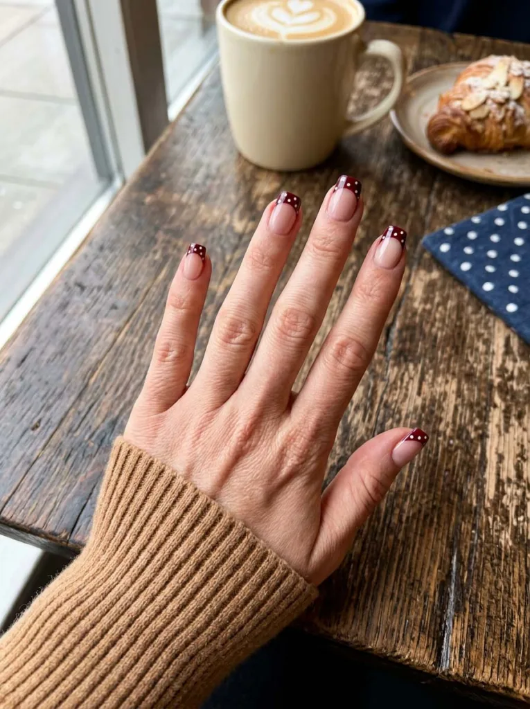 Hand with dark red French tips and white polka dots at a cafe table