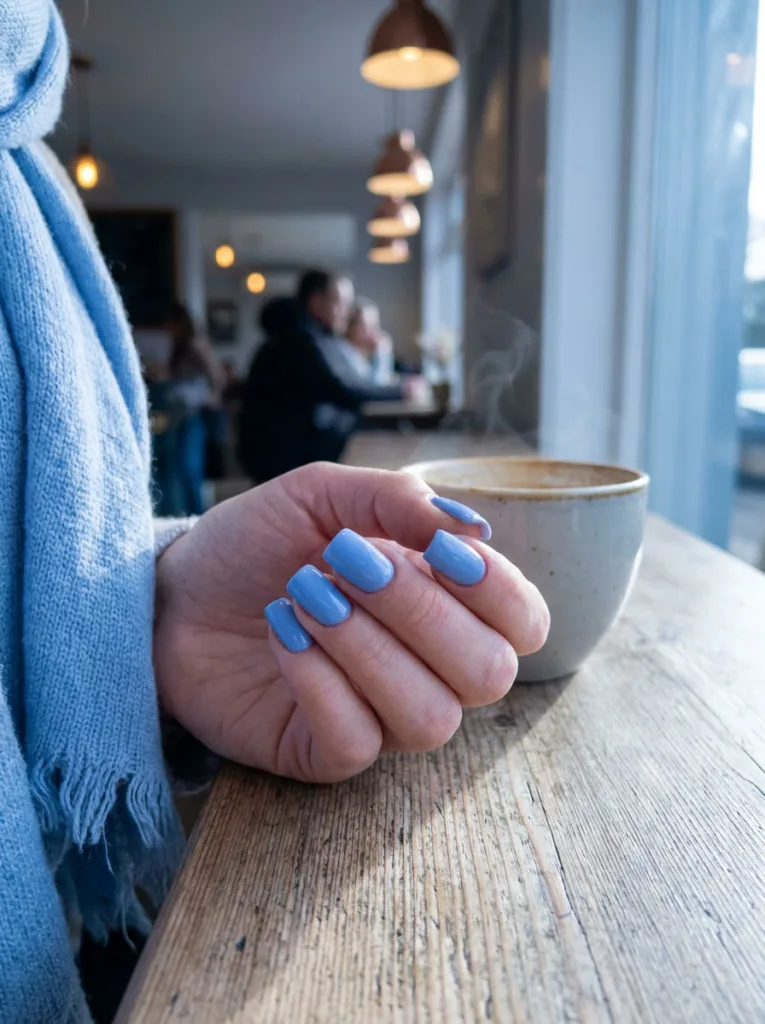 Fair-skinned hand with glossy powder blue square winter nails resting on a café window sill