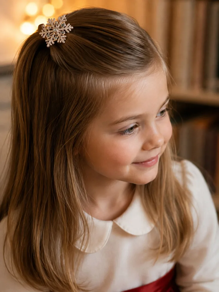 Close-up of a princess half-up christmas hairstyle with a snowflake clip on a young girl
