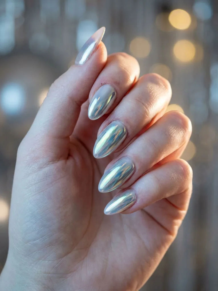 Prismatic chrome new years nails with mirror-like finish