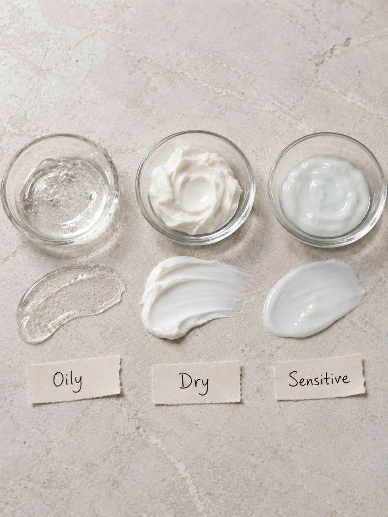 Flat lay comparing lightweight gel and rich cream textures for different skin types