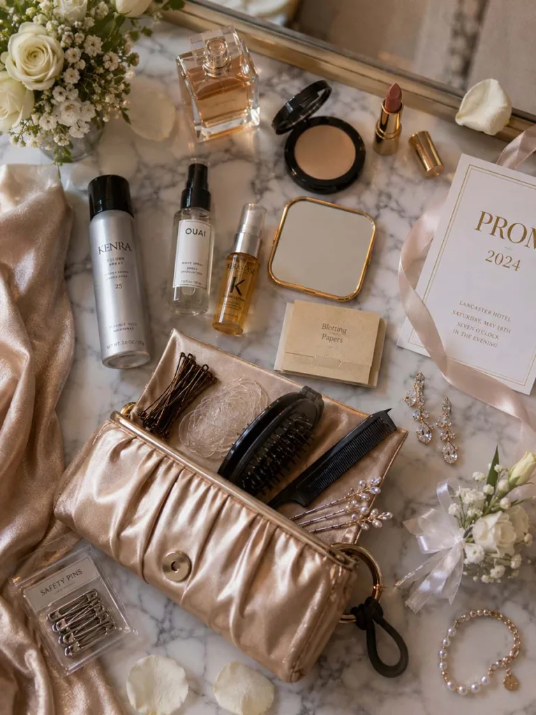 Prom hair emergency kit with bobby pins and travel hairspray for long hairstyles