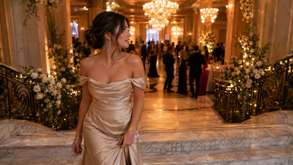 Woman with a low chignon bun prom hairstyle for long hair on a ballroom staircase
