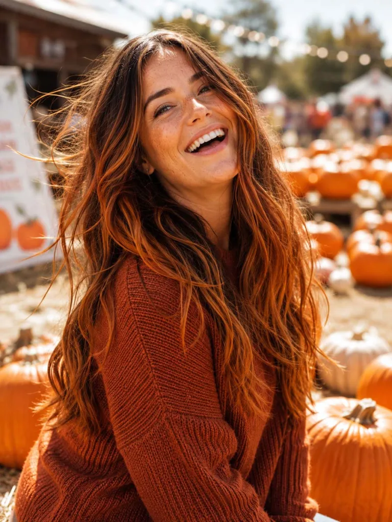 Pumpkin spice orange-brown balayage bold autumn look