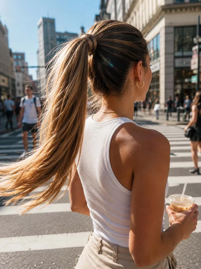 Woman wearing a high ponytail summer hairstyle outside on a hot day