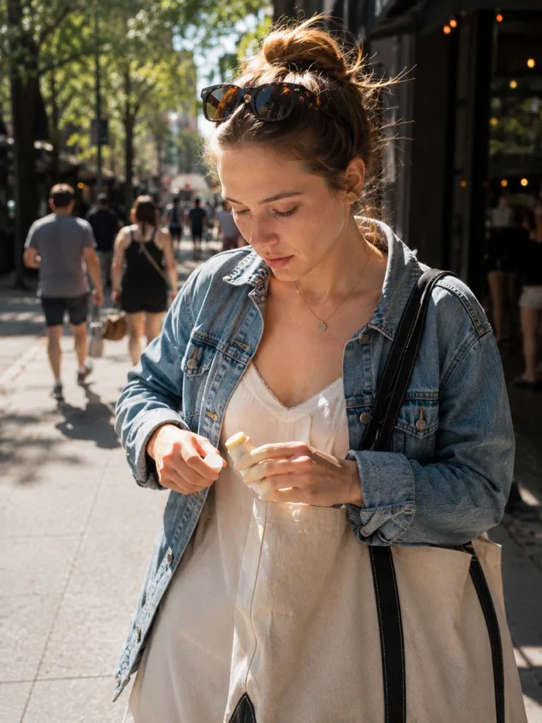 Woman in her 20s reapplying SPF stick sunscreen midday to prevent skin aging