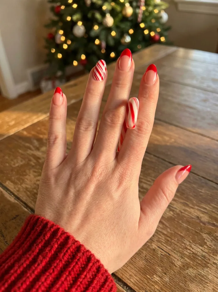 Hand with red French tips and a candy cane striped accent nail holding a real candy cane