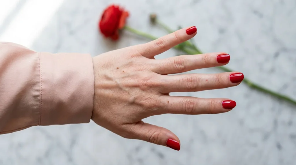 Close-up of a woman's hand with glossy red nails resting on a white marble countertop.