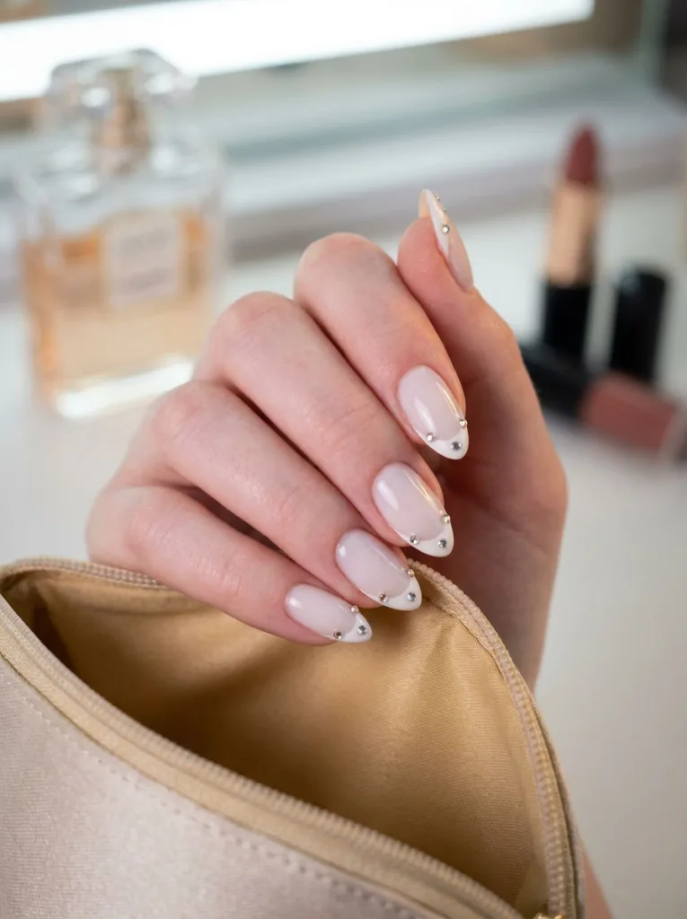 Rhinestone French tip new years nails close-up