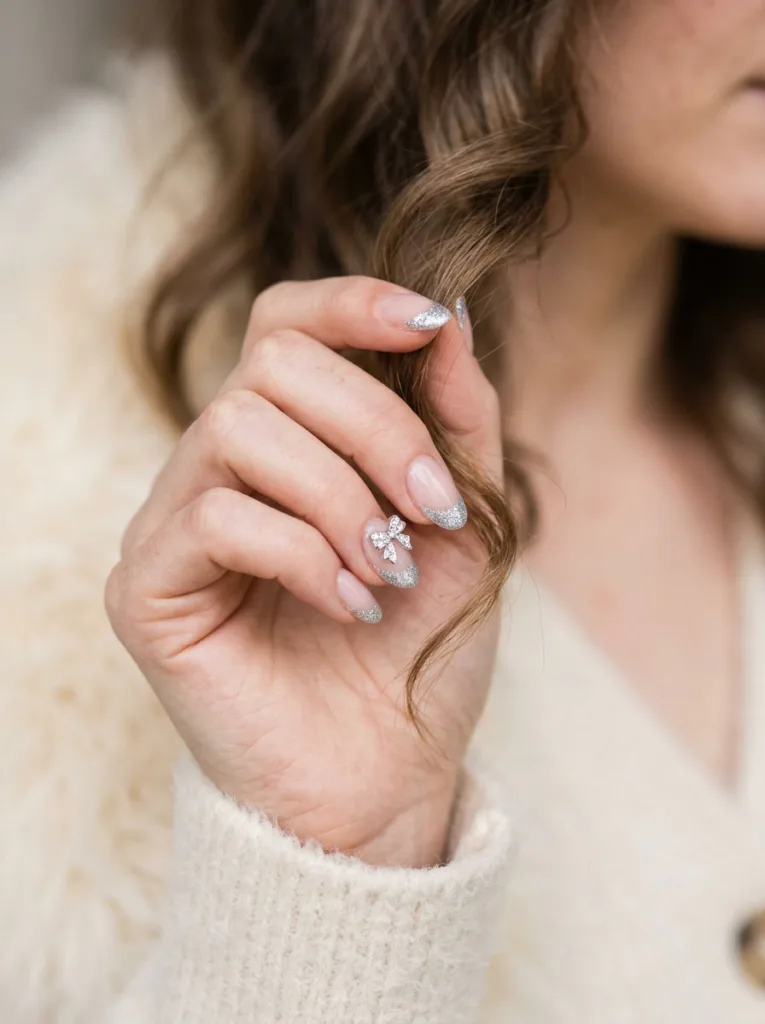 Hand with silver glitter French tips, a coquette bow, and rhinestones, touching a loose curl of hair