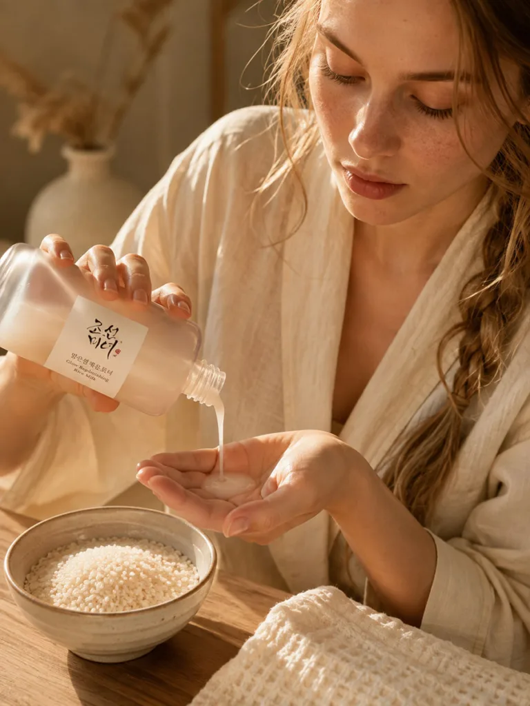 Woman pouring Beauty of Joseon rice milk toner into her palm beside a bowl of rice