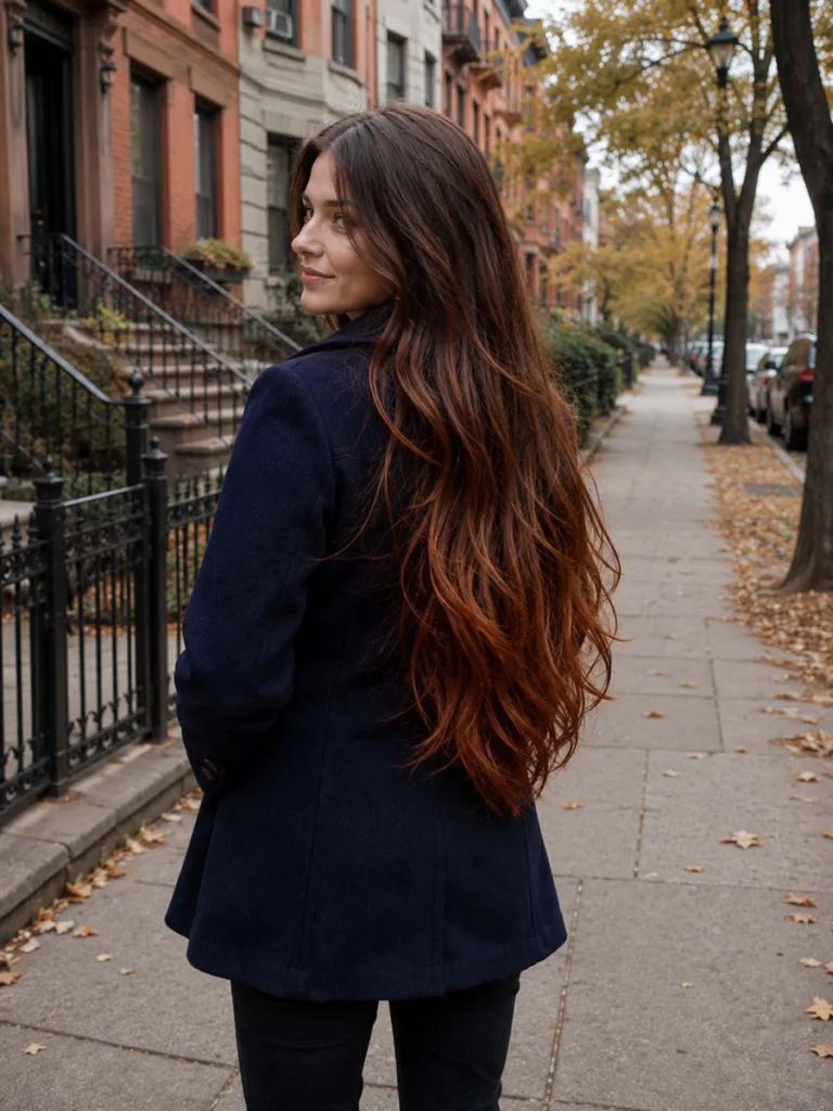 Rich auburn balayage ends on long brunette hair