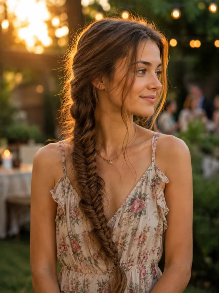 Woman with a fishtail braid draped over one shoulder at an outdoor event