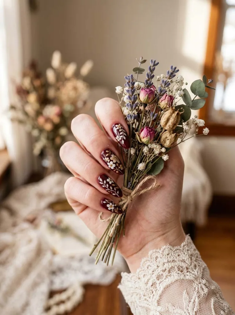 Hand with floral almond-shaped burgundy nails holding dried flowers