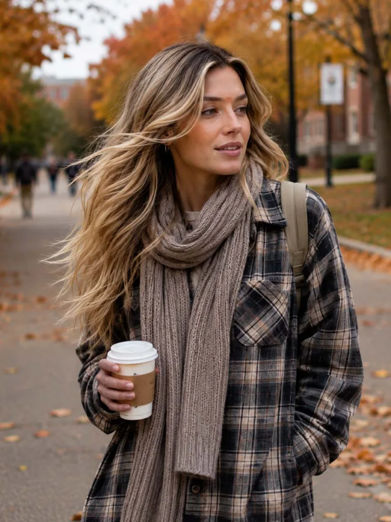 Woman with rooted dark blonde fall hair color walking through autumn trees on campus