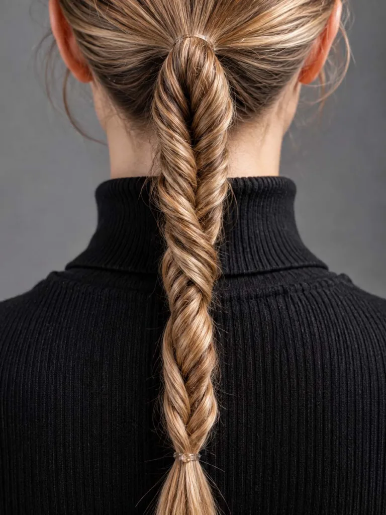 Close-up of a rope braid christmas hairstyle from behind