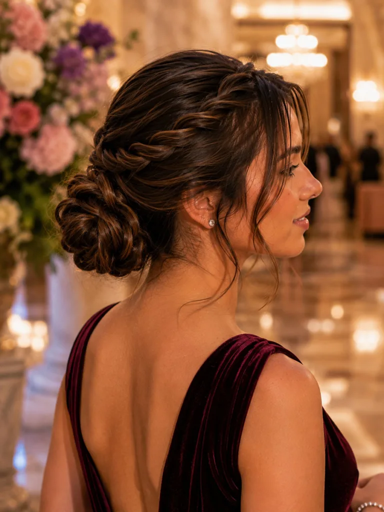 Rope braid bun prom hairstyle for long hair, close-up profile