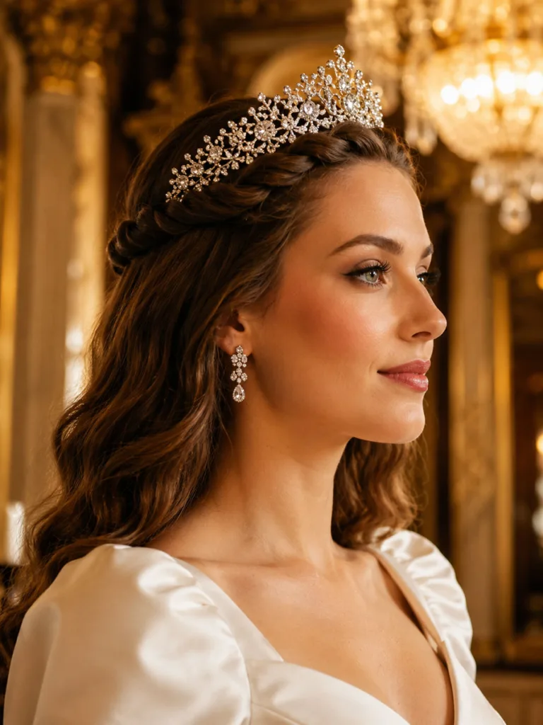 Rope twist half up hairstyle with a tiara for a black tie ballroom wedding