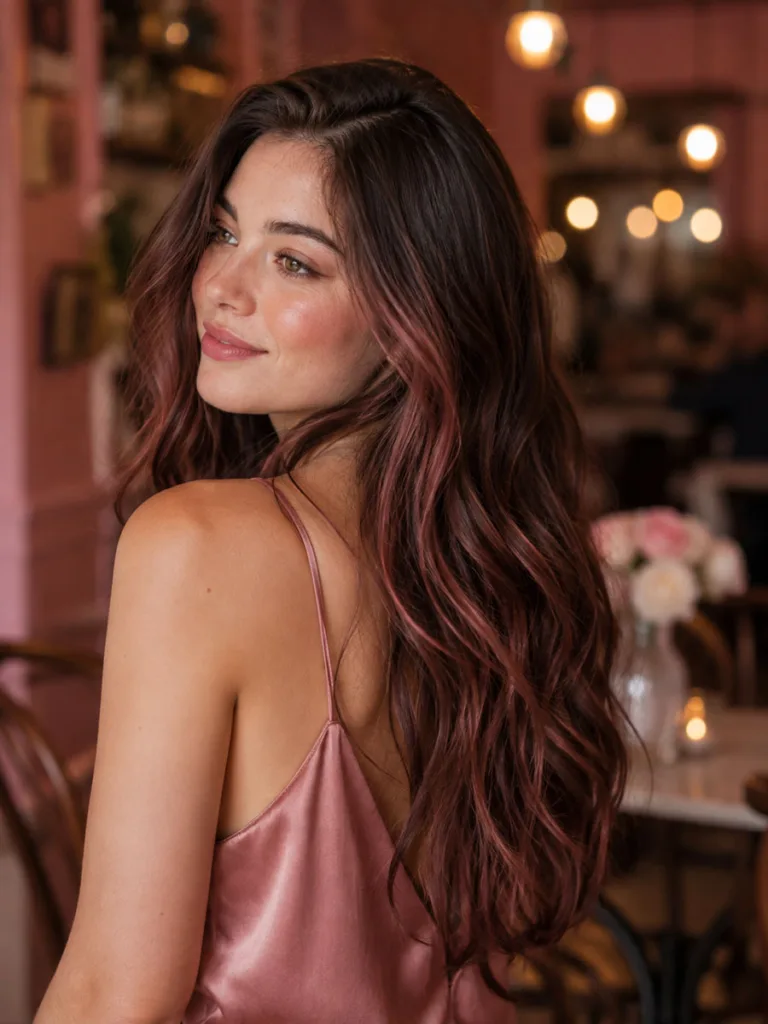 Woman with rose brown balayage hair in a soft indoor café setting