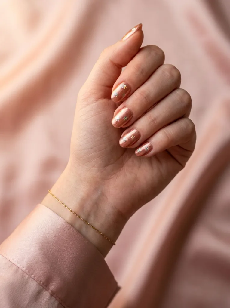Fair-skinned hand resting on wrist showing rose gold snowflake christmas nails with foil detail.