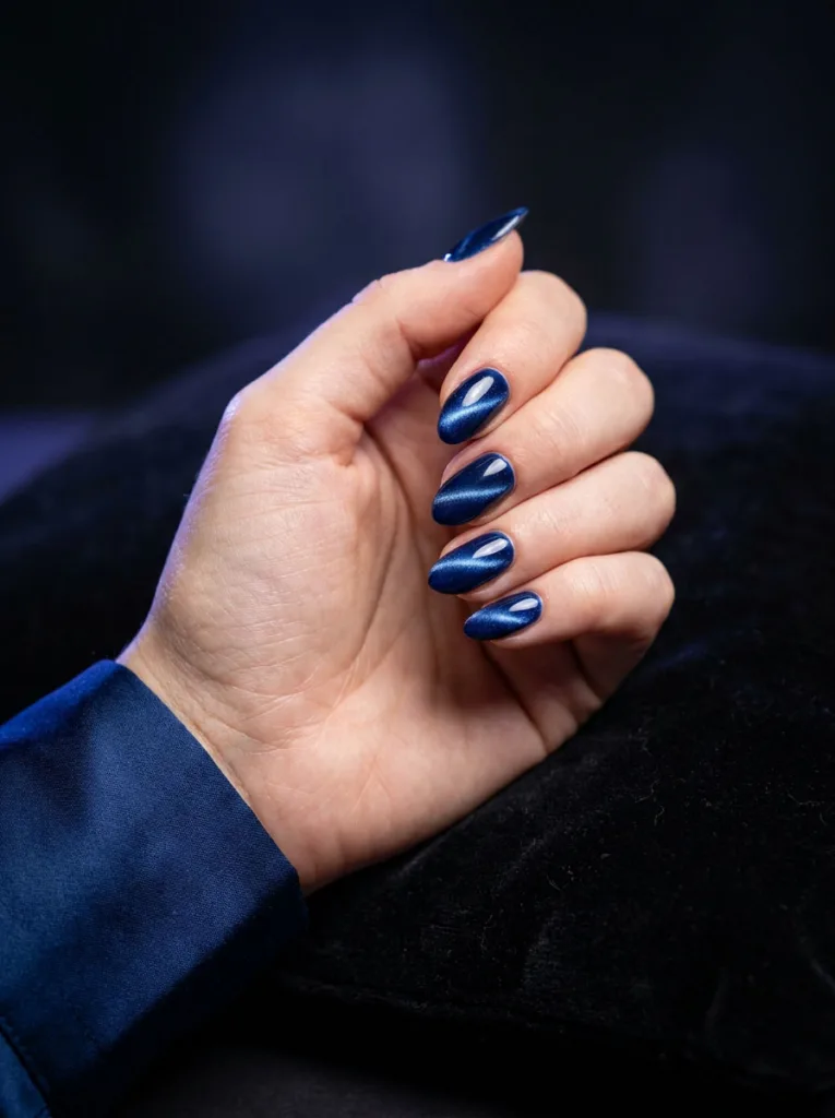 Royal blue cat-eye winter nails with a magnetic shimmer line