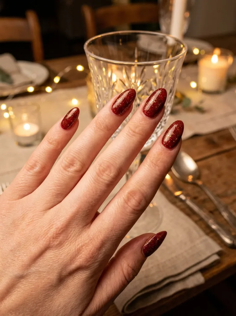 Ruby red birthstone birthday nails with glitter depth