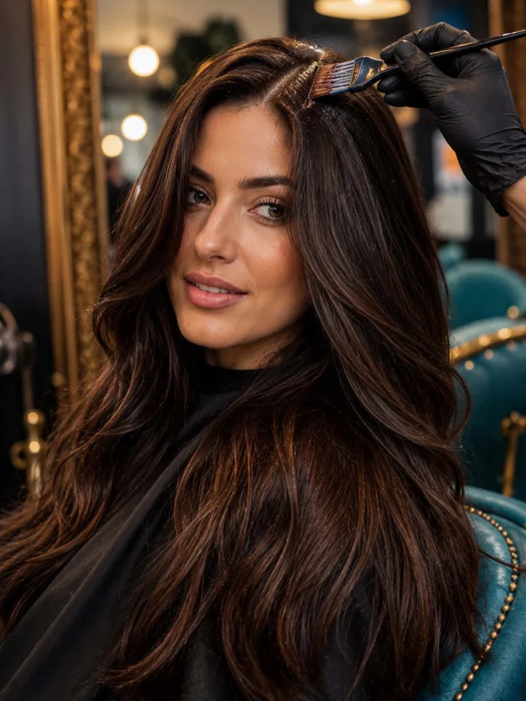 Woman getting a root touch-up in a vibrant colorful salon with rich brunette hair color visible