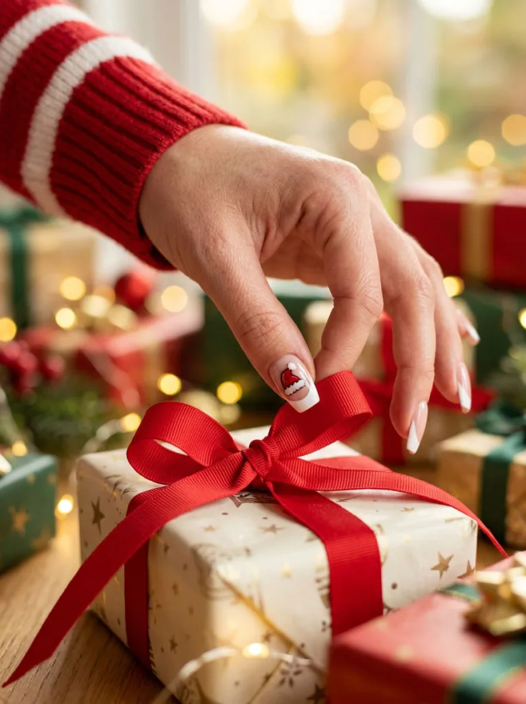 Hand with French tip nails and a tiny painted Santa hat accent nail tying a gift bow