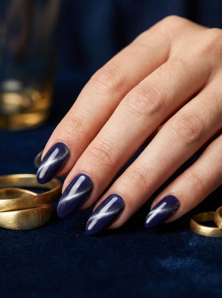 Sapphire navy cat-eye birthday nails with gold jewelry