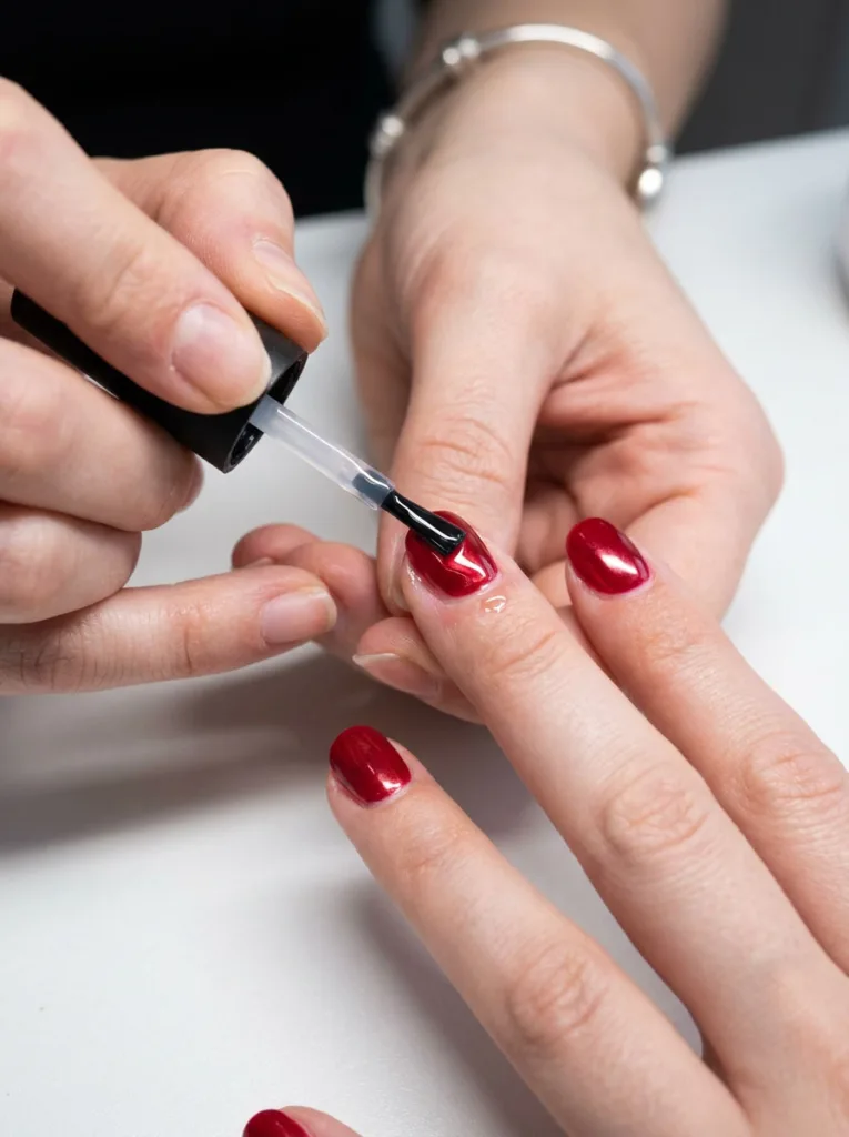Applying top coat to seal new years nails and prevent chipping
