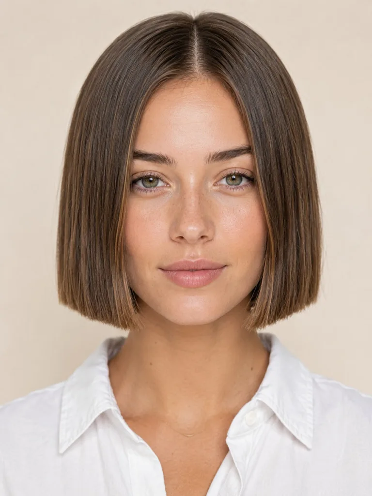 Woman with a blunt bob summer haircut in a bright studio setting