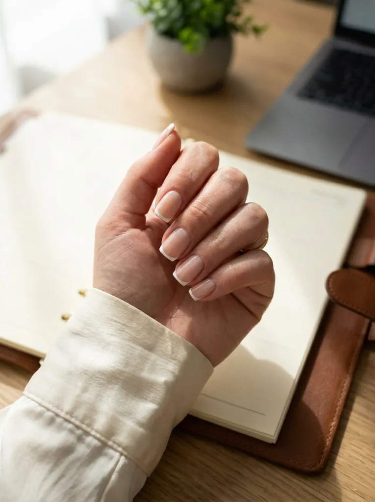 Fair-skinned hand with sheer nude square winter nails and thin white French tips resting on an open planner
