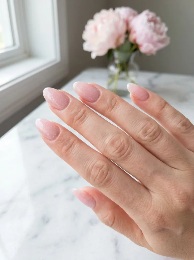 Close-up of shimmering baby pink birthday nails on a woman's hand
