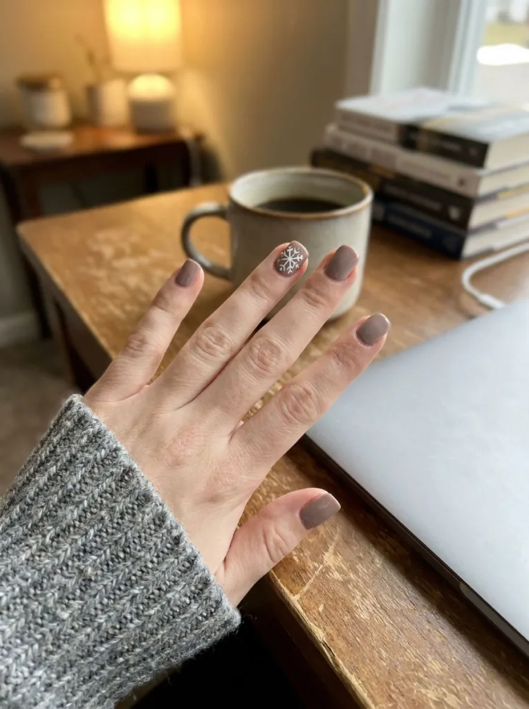 Fair-skinned hand resting on a desk showing short square snowflake christmas nails.