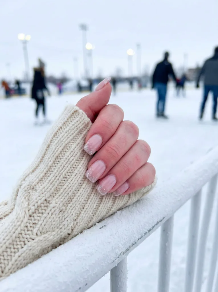 Fair-skinned hand with silver glitter frost tips on square winter nails gripping an ice rink railing