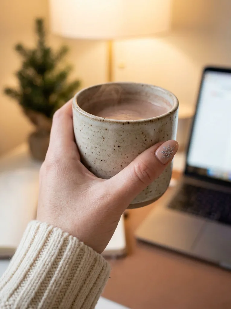 Fair-skinned hand with nude snowflake christmas nails resting near a warm coffee mug.