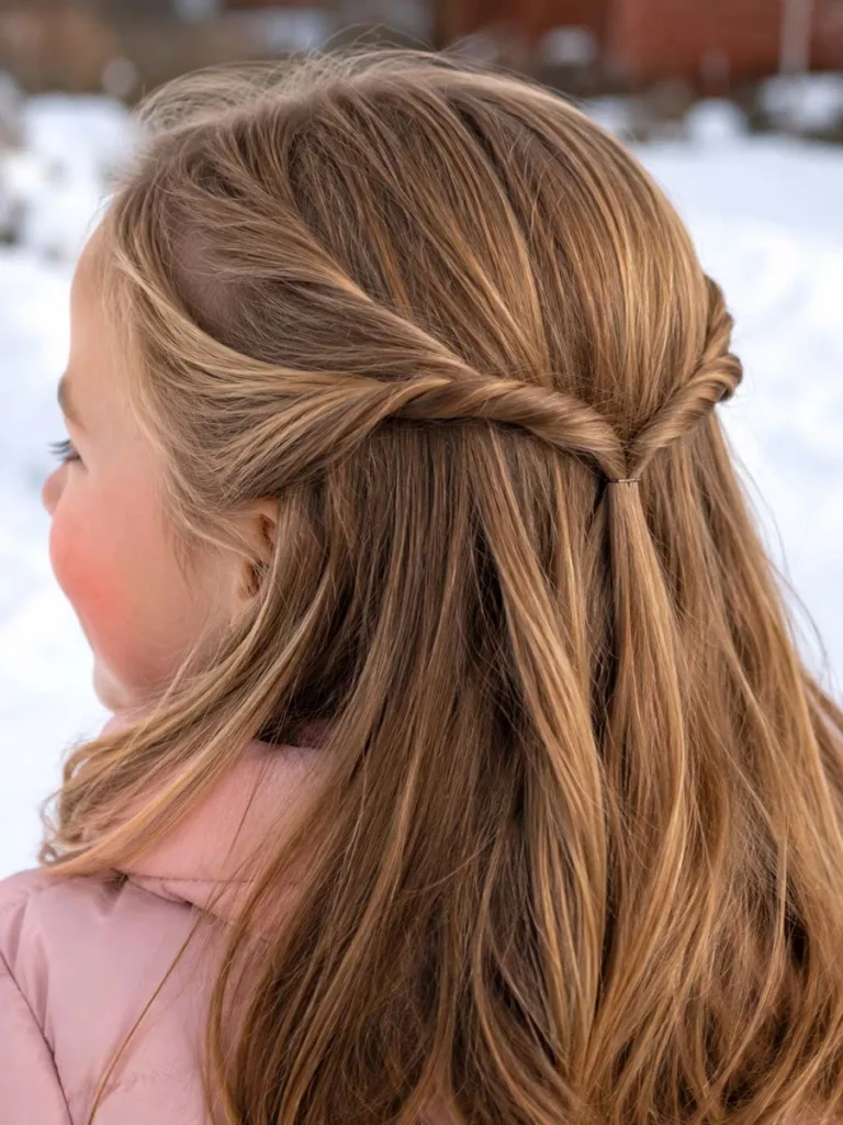 Close-up of a simple twisted crown christmas hairstyle on a young girl