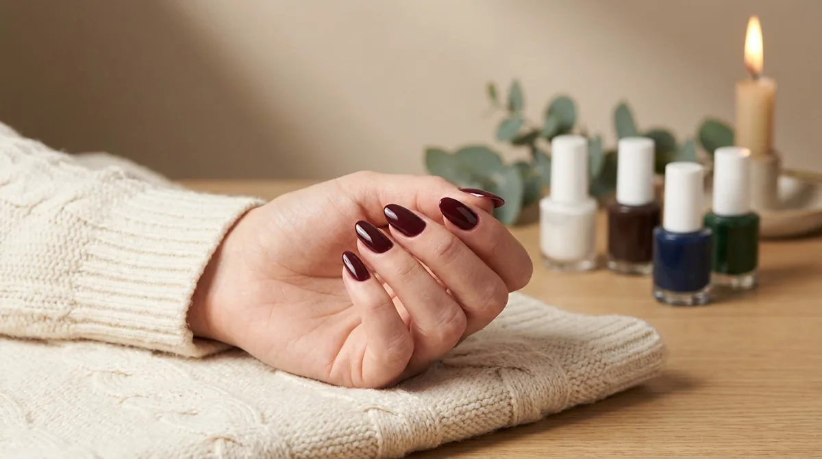Fair-skinned model's hand in deep burgundy simple winter nails resting on a knit sweater beside winter styling props