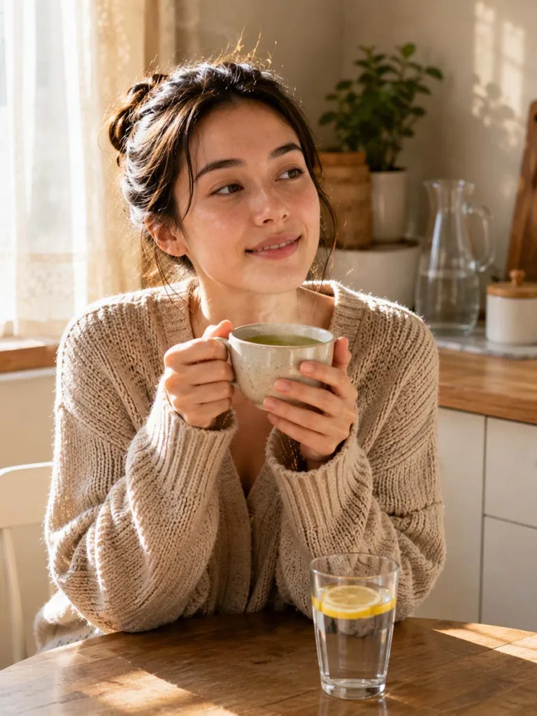 Woman drinking a cup of green tea by a sunlit window in the morning