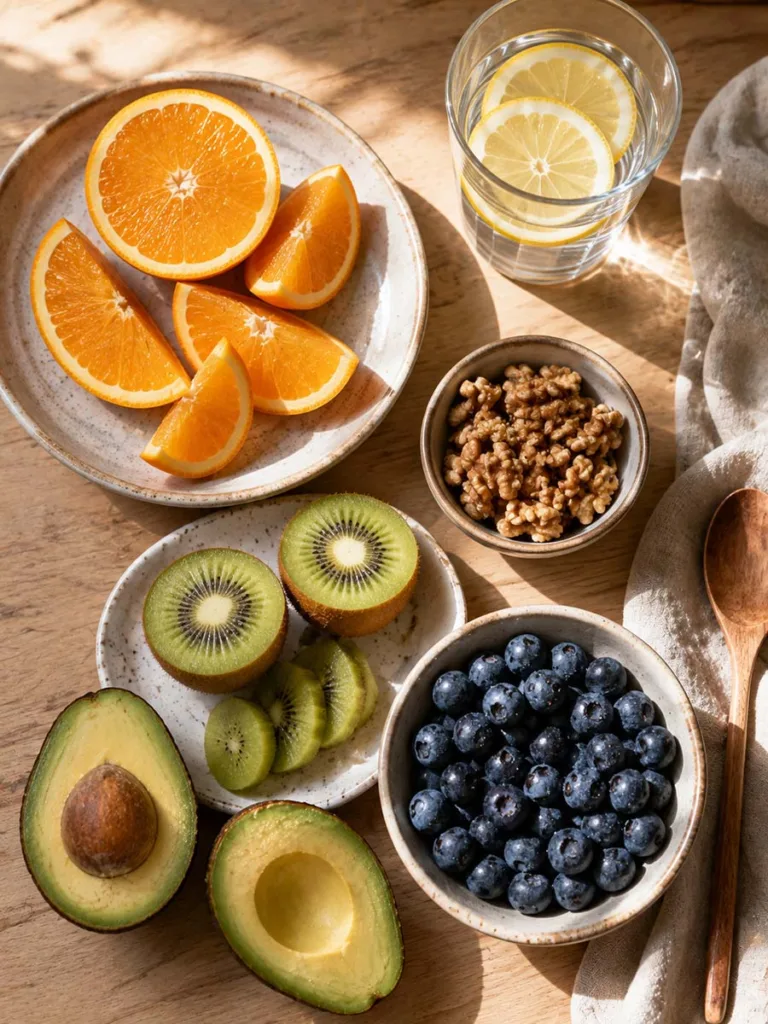 Flat lay of fresh fruits and vegetables rich in vitamin C and antioxidants for skin health