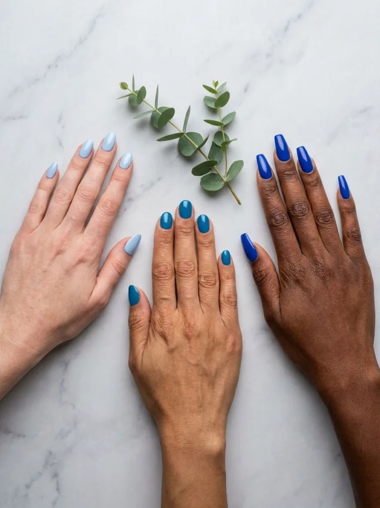 Blue winter nails shades compared on fair, olive, and deep skin tones