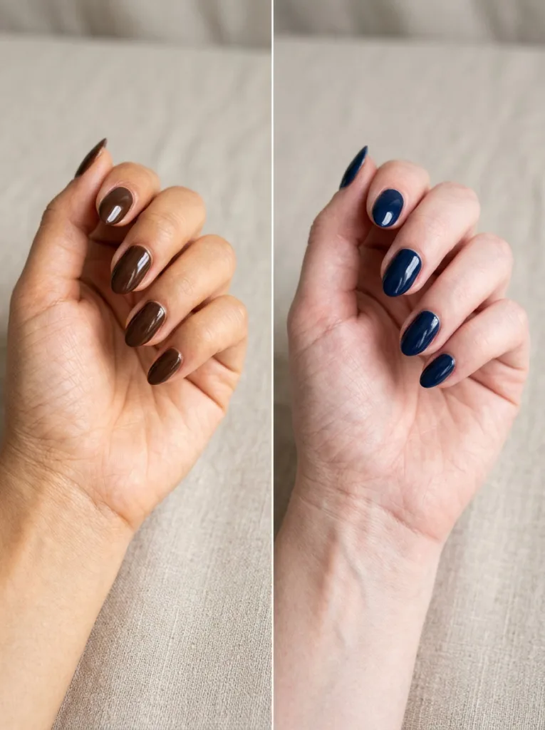 Side-by-side comparison of warm-toned and cool-toned skin wearing matching winter nail shades