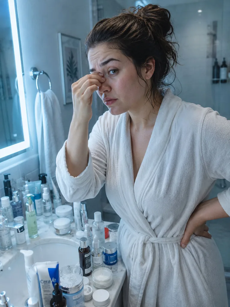 Woman overwhelmed by too many skincare products, a common Korean beauty mistake
