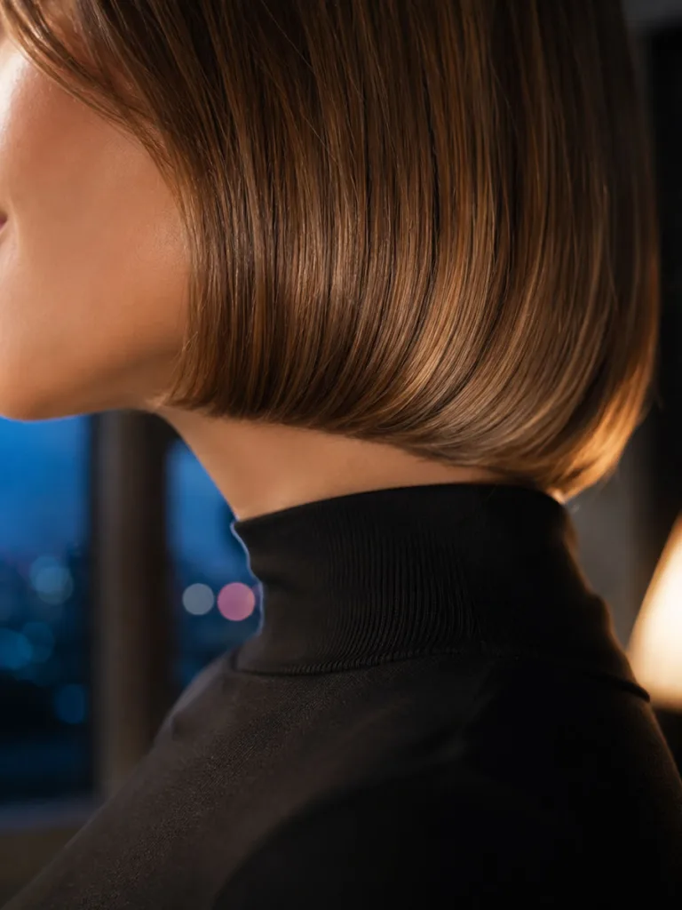 Close-up of a sleek bob tuck christmas hairstyle