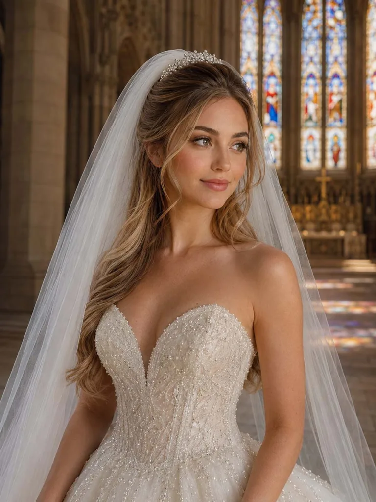 Sleek bump half up hairstyle with a cathedral veil for a formal wedding