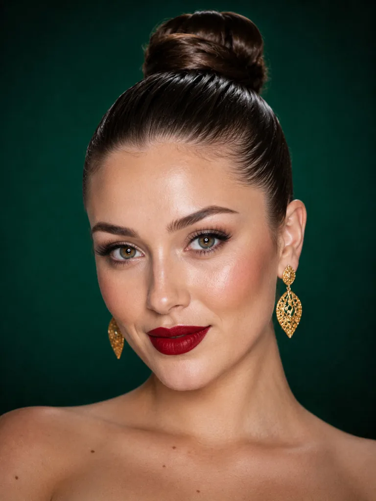 Sleek high wedding bun styled with bold makeup against a jewel-tone backdrop